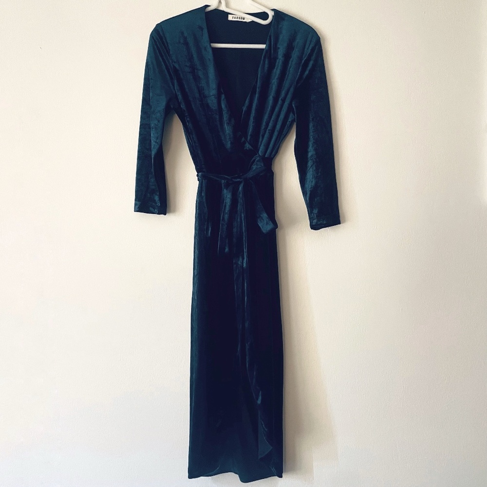 FARROW S Dark Blue Velour Wrap Midi Dress